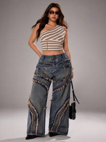 Jeanoix 大码女式纽扣设计磨边阔腿宽松休闲牛仔裤