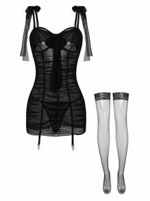 SHEIN 4pcs Set: Romantic Mesh Ruched Sexy Slim Nightgown + G-String + 1 Pair Of Stockings For Going Out, Baddie Look - Black - View 6