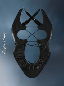 EmpressEnvy 加大码黑色 PU 皮革泰迪熊，带肩带和包裹细节，黑色 PVC 内衣，哥特内衣，黑色皮革内衣，适合狂欢 - 黑色 - 查看 4