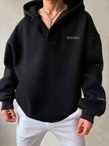 Chillumni 男士休闲简约半开超大连帽宽松休闲拼色螺纹小印花连帽衫，落肩连帽衫，图案连帽衫，男士图案连帽衫，男友礼物，男士图案连帽衫超大运动衫男士男士超大街头潮流运动衫超大连帽衫 - 黑色 - 查看 1