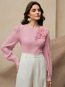 Anewsta Elegant Fashion Design Loose Long Sleeve Shirt, 3D Applique Women's Pink Blouse - Pink - View 6