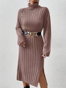 EURMUSE Turtle Neck Drop Shoulder Sleeve Knit Sweater Dress With High Low Hem, Belt Not Included - Coffee Brown - View 3