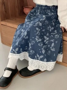 DAZY 小女孩的碎花牛仔裙度假 - 中等水洗藍 - 查看 5