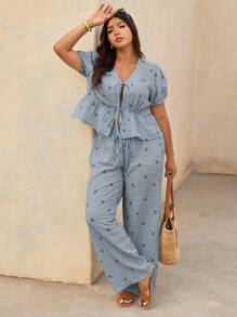 Elaquor Plus Size Vacation Casual Striped Bow Print Shirt And Pants 2 Pieces Set