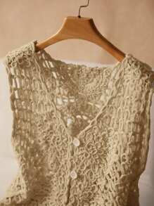 Elaquor 大码休闲纯色镂空针织背心 - 卡其色 - 查看 5