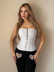 SHEIN ICON Women's Going Out Off Shoulder Casual Old Money Fashionable Front Button Fitted Camisole Top - Beige - View 4