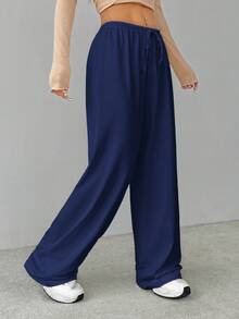 SHEIN Tall Soft Home Baggy Pants, Loose Pant Navy Blue Pants,Fall - Navy Blue - View 4