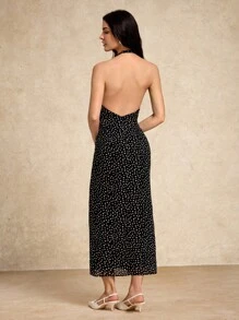 House of One Black Polka Dot Halter Neck Backless High Split Midi Dress Women Elegant Casual Summer Autumn Maxi Dress With Slit Halter Maxi Dress