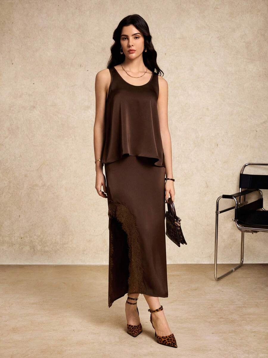 House of One Round Neck Casual Loose Fit Satin Tank Top Women Summer Autumn Wear Fall Outfits Business Professional Women Business Casual Woman - Brown - View 1