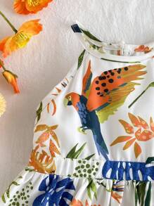 Travachic KIDS 女婴热带植物印花高低下摆时尚露背连衣裙 - 杏色 - 查看 8