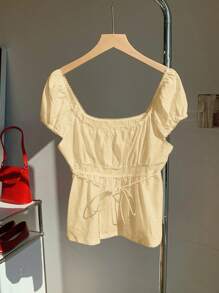 Comfortcana 女士短款泡泡袖休闲纹理褶皱细节 T 恤 - 黃色 - 查看 3