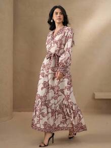 DAZY Vestido midi con estampado floral, cuello en V y cinturón para mujeres. Vestido de manga larga para verano, vestido largo tipo sundress, vestido boho para vacaciones - Caqui - Ver 3