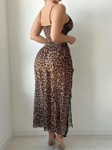 2pcs/Set Mature Sexy Wire Bra Leopard Split Dress + G-String Lingerie For Going Out ClassicAnimalPrint