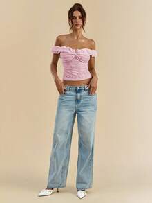 SHEIN BAE Women's White Textured Knit Off-Shoulder Double Ruffle Front Twist Bodycon Top, Summer Blouse - Baby Pink - View 6