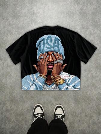 Manfinity Roghcode T-shirt court ample à imprimé personnage de rue pour hommes