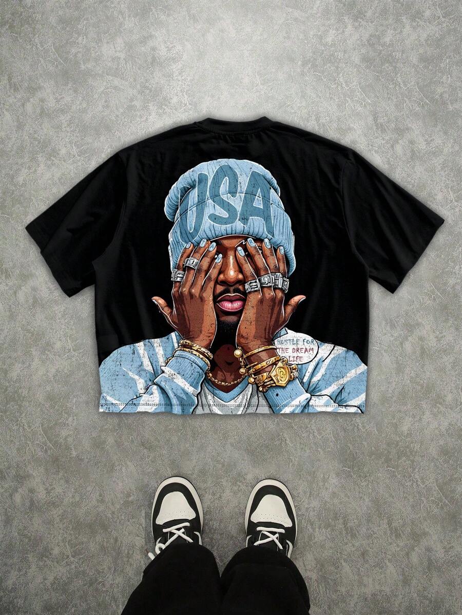 Manfinity Roghcode 男士宽松街头人物印花短款 T 恤 - 黑色 - 查看 1