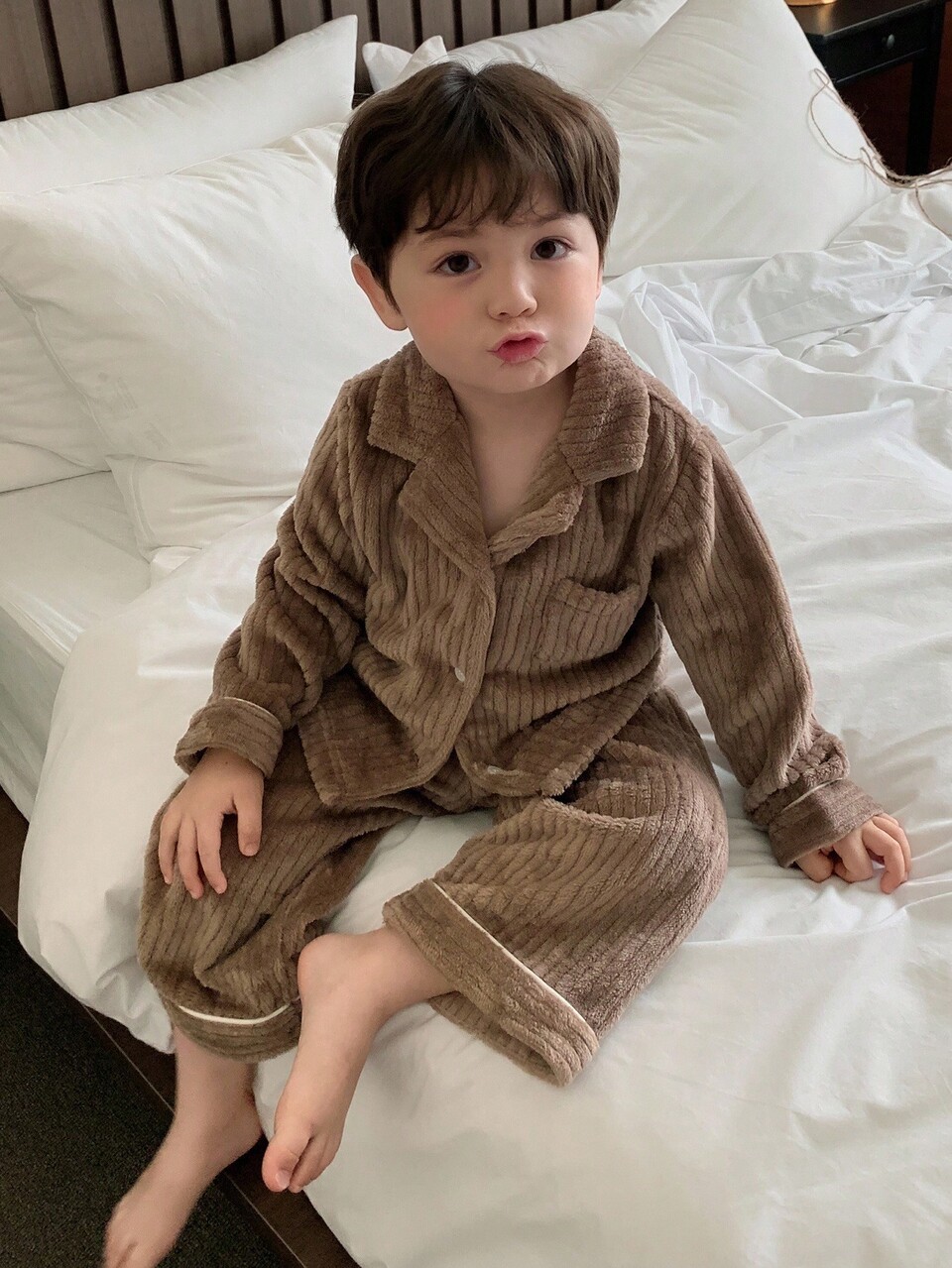 Baby Boys Flannel Solid Color Comfortable Long Sleeve Pajamas, Autumn/Winter Thermal Lined Toddler