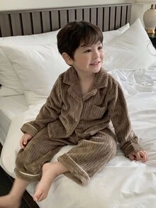 DAZY Pyjama en flanelle de couleur unie confortable à manches longues pour bébés garçons, doublure thermique pour automne/hiver, pour tout-petits - Marron - Voir 7