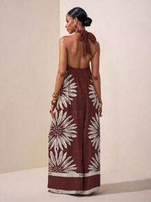 Zivah 2025 夏季新款波西米亚风格女式连体裤，露背系带，性感露背，扭结超宽松阔腿裤，花卉印花，红棕色/女士秋季服装/波西米亚风女装/复古女装 - 彩色 - 查看 2