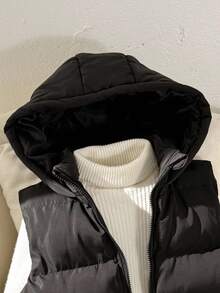 SHEIN 青少年女孩休闲舒适时尚合身短款连帽口袋绗缝黑色背心夹克 - 黑色 - 查看 8