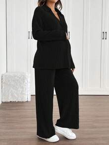 SHEIN 2 pièces Ensemble de maternité : Chemise à manches raglan avec col et pantalon droit à taille ajustable, coupe ample, Ensemble 2 pièces automne pour femmes, Ensemble 2 pièces décontracté pour femmes, Ensemble 2 pièces en tricot pour femmes, Ensemble 2 pièces côtelé pour femmes