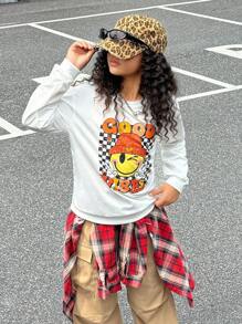 SHEIN Explorewe Casual Tween Girl Retro Face Plaid Print Long Sleeve Crew Neck Sweatshirt And Khaki Cargo Pants Casual Street Fashion Outfit - Multicolor - View 4