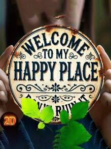 1 件“欢迎来到我的快乐之地”圆形金属标牌 - 耐用且易于悬挂，适用于卧室、厨房、餐厅、酒吧装饰 - 家庭或办公室礼物、房间装饰、2D 平面打印、顶部、底部、左侧、右侧随机孔位置 - 彩色 - 查看 4