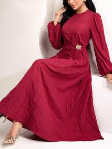 Veilorie Women's Round Neck Lantern Sleeve Waist Metal Flower Decor Elegant Dress - Burgundy - View 1
