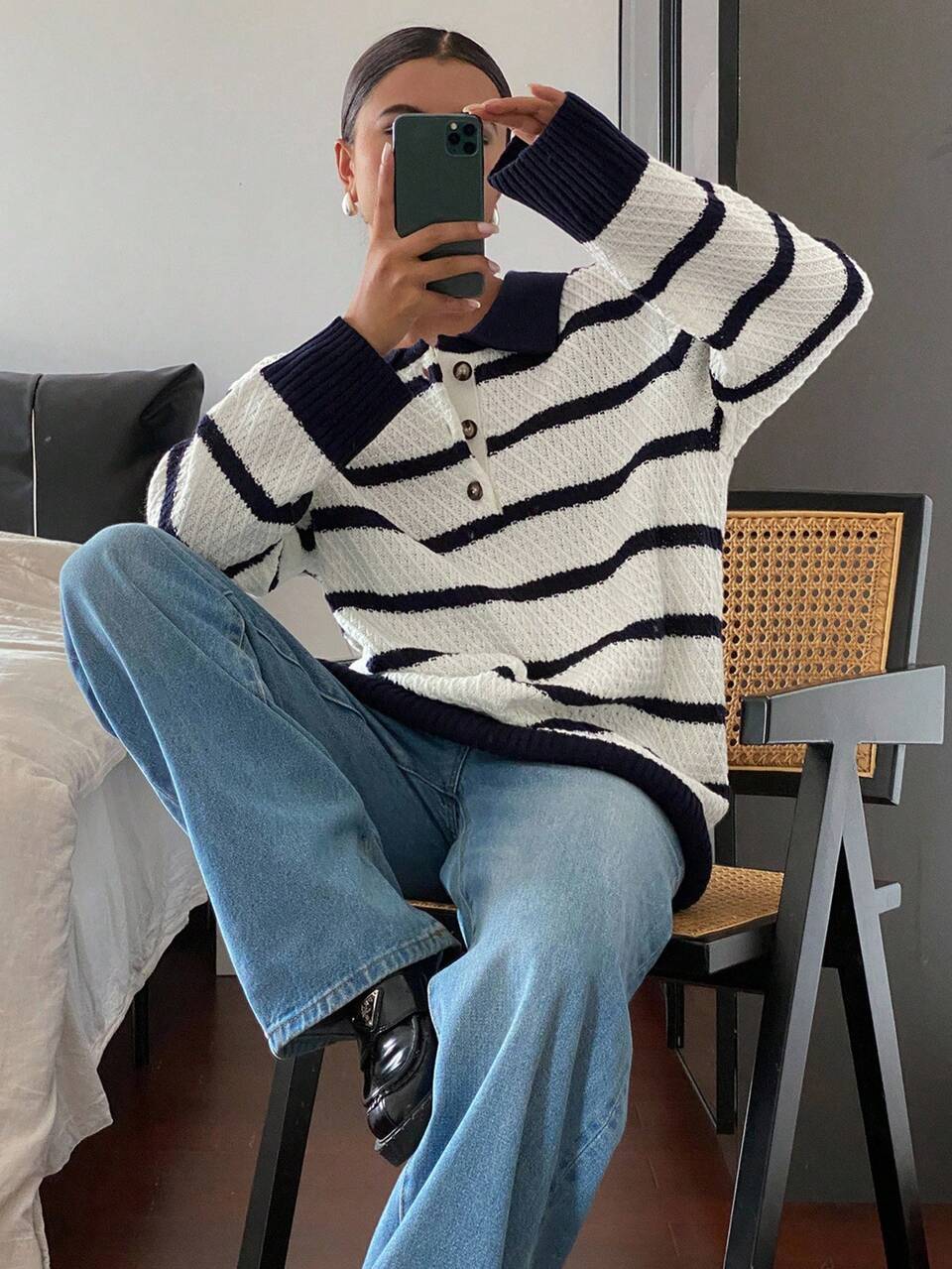 Contrast Striped Loose Turndown Collar Long Sleeve Casual Autumn/Winter Sweater For Women School