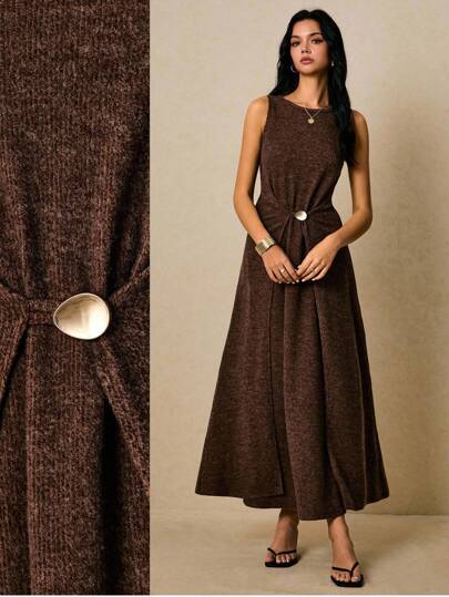 Poéselle 女士纯色圆领休闲宽松长款无袖连衣裙