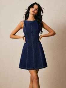 Poéselle Women's Casual Sleeveless Round Neck Backless Tie-Up Denim Dress