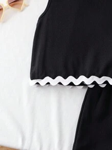 Elladie kids 两件套女童纹理面料撞色下摆无袖上衣和休闲短裤T恤套装，两件套女童夏季黑色两件套，女童两件套夏季套装，儿童两件套夏季套装，两件套夏季服装，女童秋冬装 - 黑色 - 查看 5