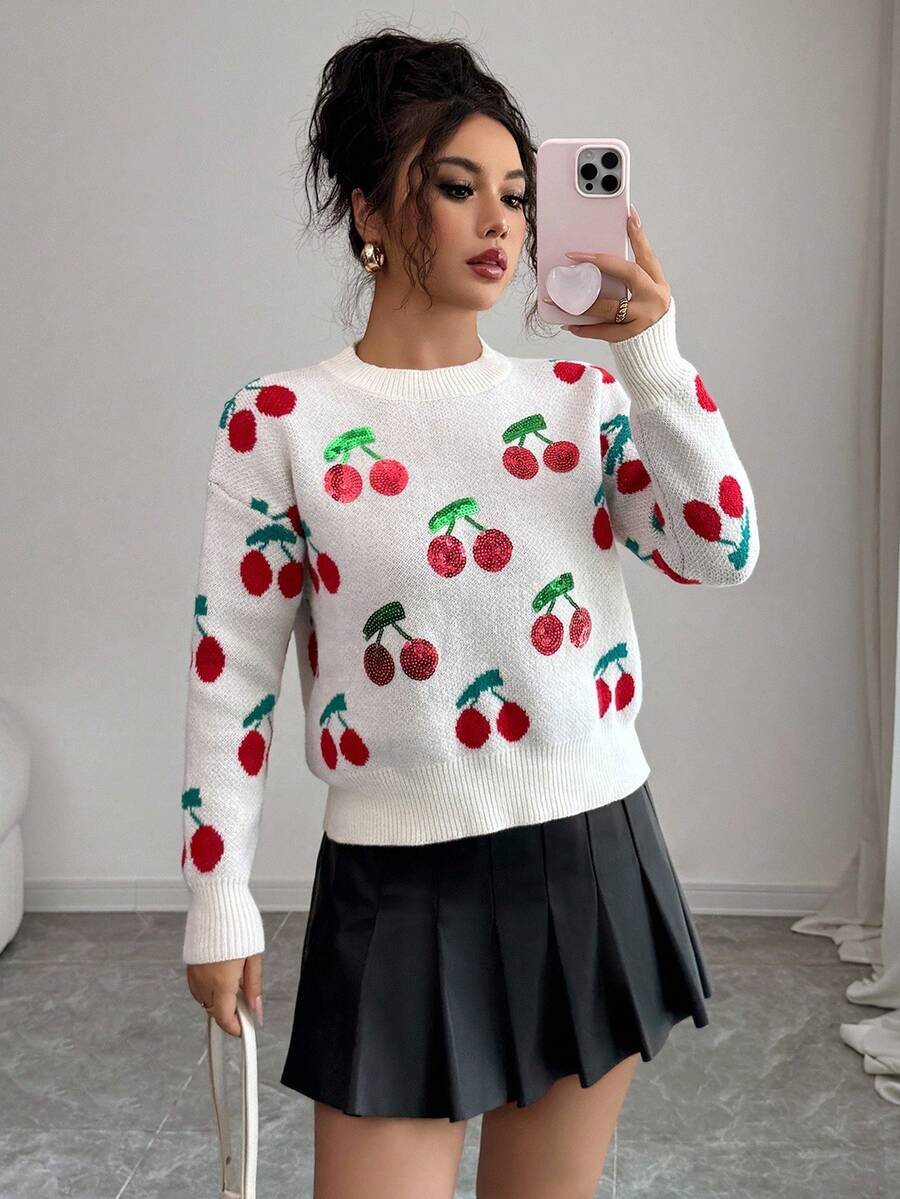 Elenzga Women's Cherry Jacquard Sequin Decorated Sweater - Apricot - View 1