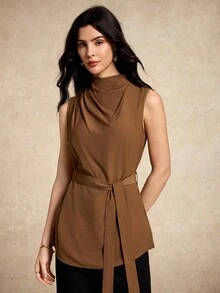 House of One Mock Beck Ruched Sleeves Top With Self Belt Tie Women Casual Summer Autumn Wear Brown Top Dark Brown Top Coffee Brown Top Chocolate Brown Top Top With Belt