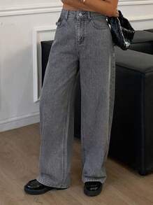 DAZY 女式直筒休闲宽松牛仔裤，带口袋，条纹图案，百搭 - 灰色 - 查看 6