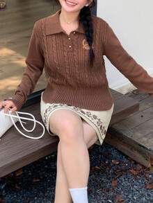 Dazy Plus Embroidered Pattern Half-Zip Collar Collegiate Style Cropped Long Sleeve Plus Size Women Casual Sweater, Autumn School - Khaki - View 1