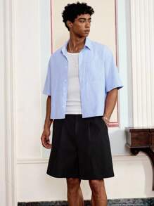 SWAVVY 2 件男士梭织休闲宽松短袖衬衫和松紧腰直筒短裤套装