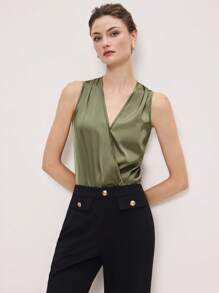 BizChic 2025秋冬新款绿色不对称剪裁斜翻领交叉露肩连体衣，现代优雅都市商务休闲办公装，适合约会、派对、郊游、机场、浪漫乡村音乐会、韩式、机场、婚礼嘉宾、生日、万圣节、圣诞节 - 綠色 - 查看 6