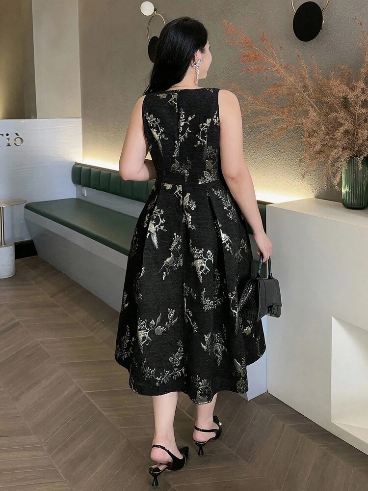 Dazy Plus Floral Print Full Body Flower Layered Sleeveless Black Plus Size Women Elegant Spring Summer Autumn Dress Prom Dress