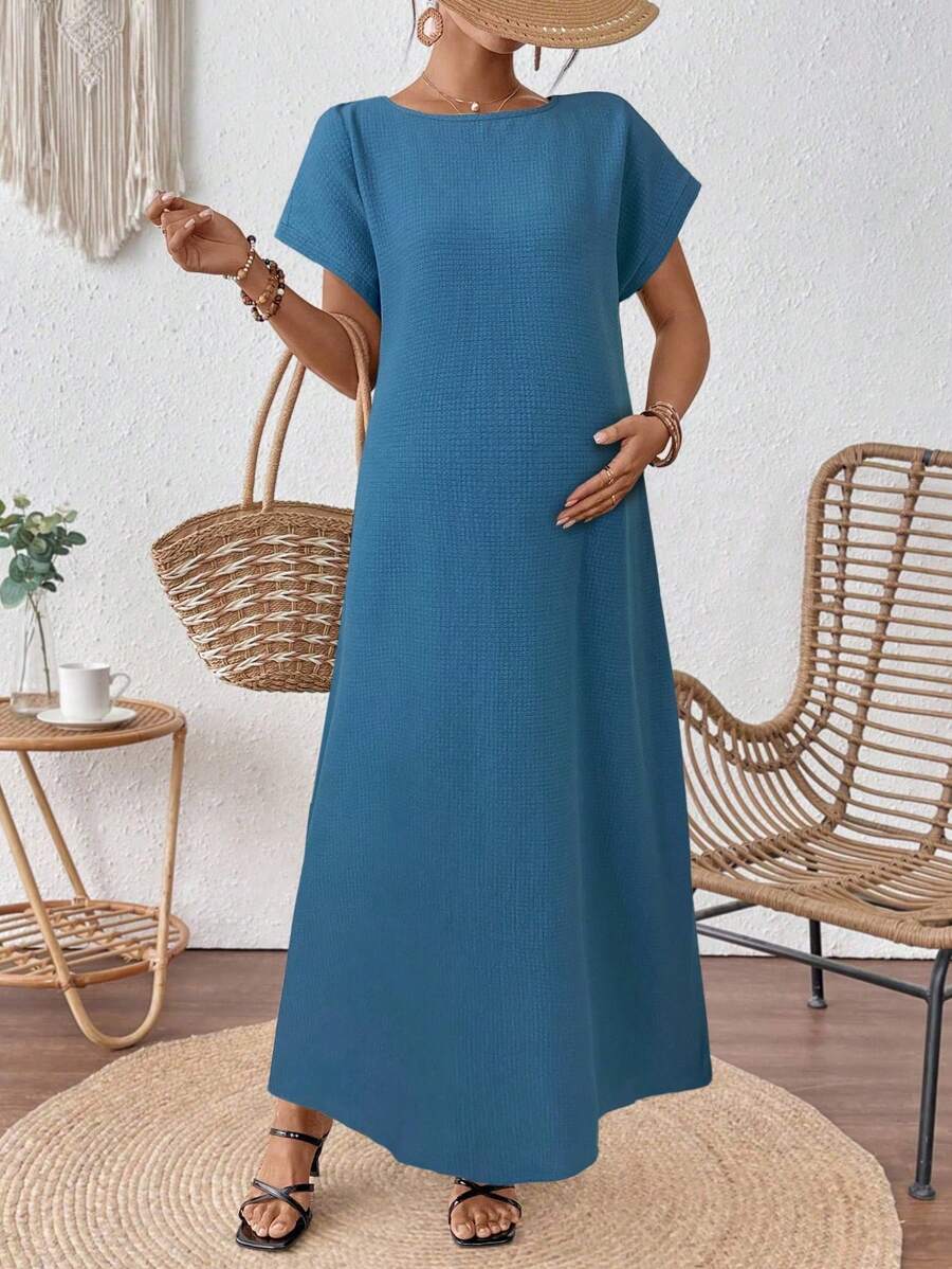 SHEIN 孕妇休闲纯色针织宽松连衣裙,夏季 - 藍色 - 查看 1