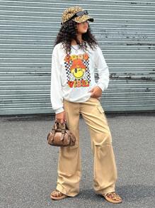 SHEIN Explorewe Casual Tween Girl Retro Face Plaid Print Long Sleeve Crew Neck Sweatshirt And Khaki Cargo Pants Casual Street Fashion Outfit - Multicolor - View 6