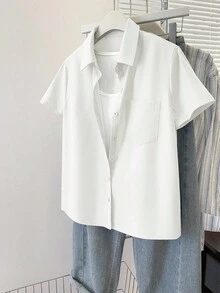 INAWLY Áo cánh tay ngắn màu trơn thường ngày mùa hè dành cho nữ - trắng - Xem 4