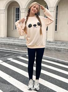 SHEIN Leap Crew Teen Girls Panda Print Drop Shoulder Pullover & Leggings - Apricot - View 4