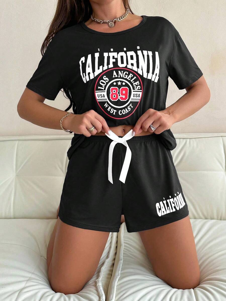 SHEIN 标语印花休闲短袖短裤女式睡衣套装两件套短套装女式休闲短裤套装女式睡衣短裤套装女式睡衣短裤套装睡眠短裤套装 - 黑色 - 查看 1