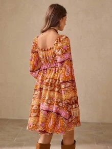 Wildy 秋季新品浪漫波西米亚印花长袖短裙秋装乡村演唱会服装返校节西部服装女式波西米亚风女装乡村服装女式度假服装度假服装女式外出上衣女式西部服装狂欢服装度假两件套 - 彩色 - 查看 8