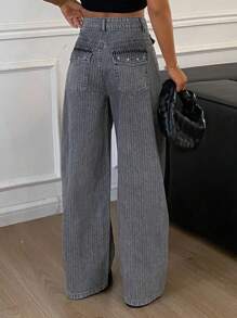 DAZY 女式直筒休闲宽松牛仔裤，带口袋，条纹图案，百搭 - 灰色 - 查看 2