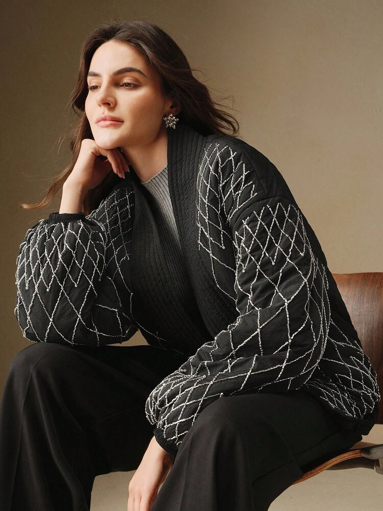 Women's Elegant Black Short Padded Coat With Exquisite Embroidered Beaded Trim, Suitable For Autumn, Winter, Going Out, Formal, Party, Chic, New Year, Christmas, Work, Graduation