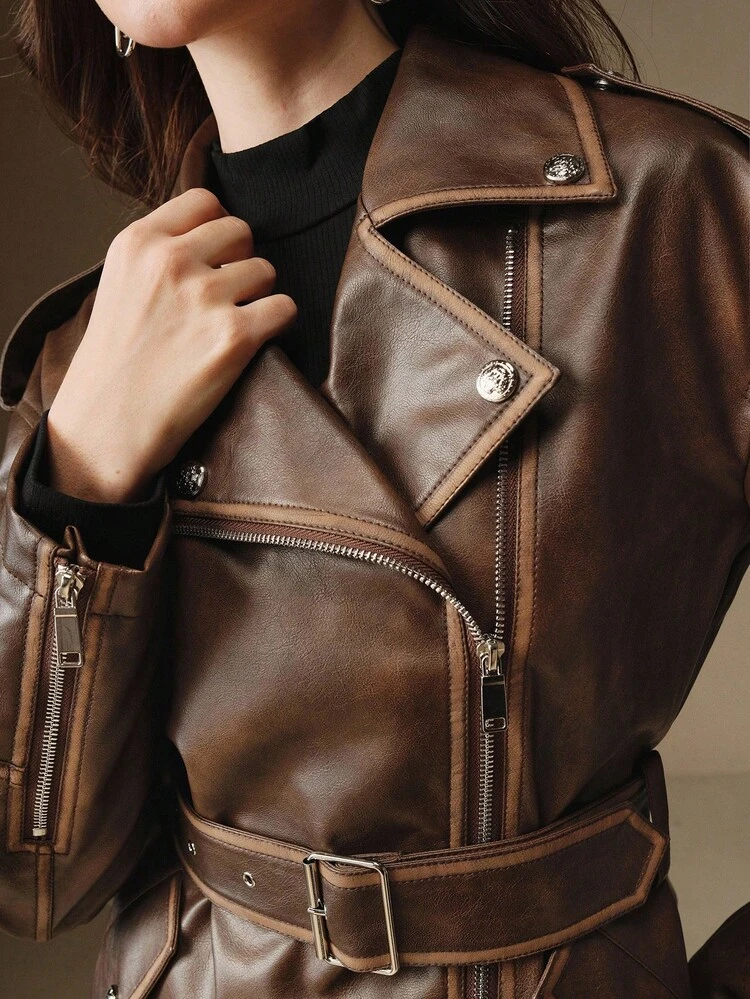 Women's Fashionable Modern Patchwork Oblique Zipper Short Leather Jacket, Suitable For Autumn, Fall, Winter, Going Out, Elegant, Formal, Party, Chic, New Year, Women's Winter Jacket, Christmas, Work, Graduation, Wedding, Women's Winter Clothes