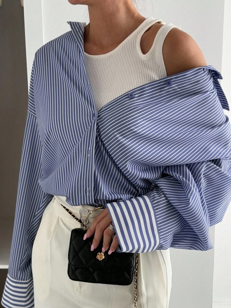 Women's Casual Commuter Striped Long Sleeve Dropped Shoulder Loose Blouse Fall Tops