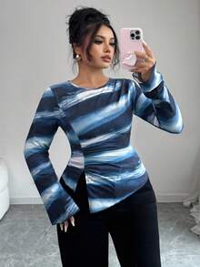 SHEIN Clasi Plus Size Elegant Tie-Dyed Printed Long-Sleeved Ladies' Top,Navy Blue White Versatile Daily Autumn Birthday Bridesmaids Campus Office Fashion Top - Blue - View 4